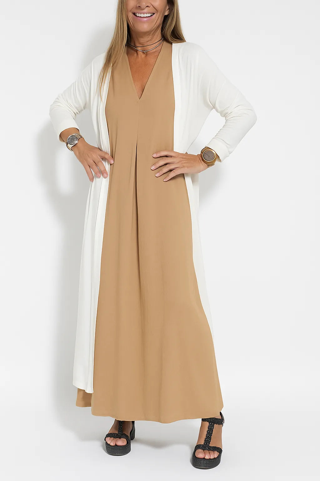 Classic Long Dress with Coordinating Cardigan