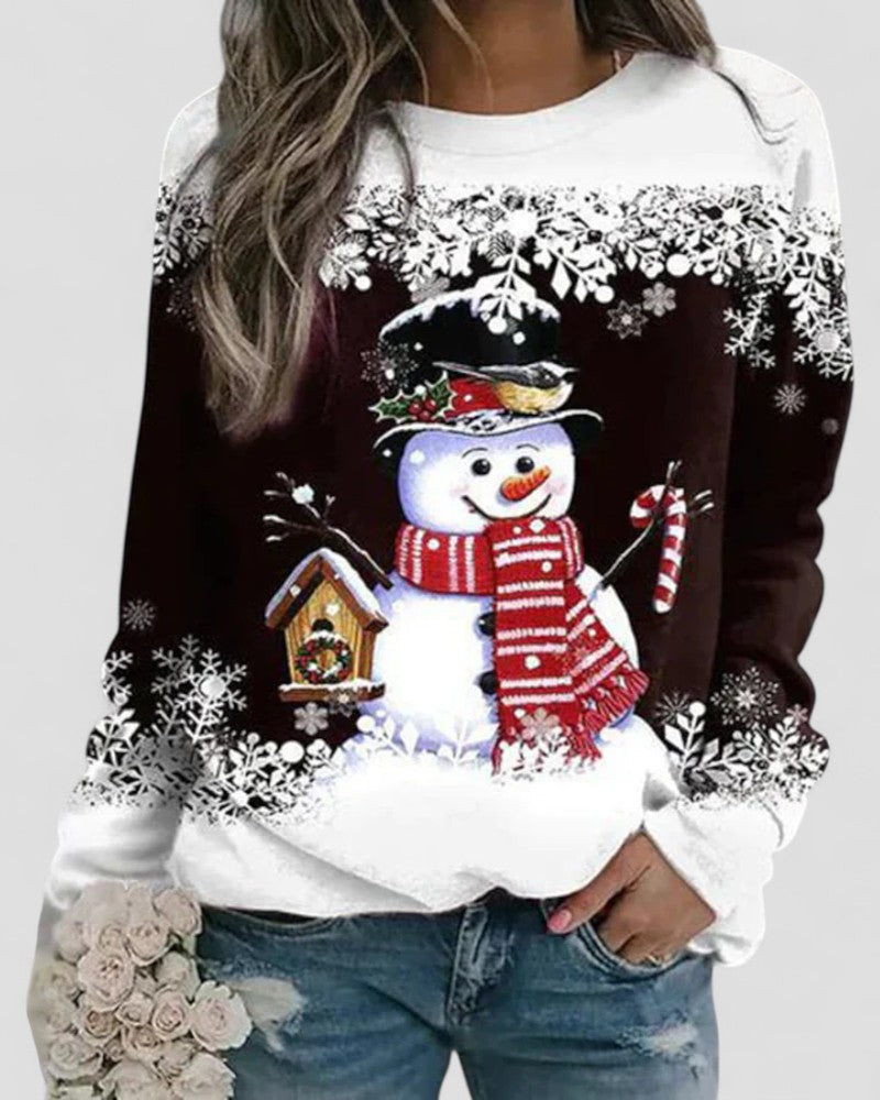 Cotton Blend Christmas Snowman Print Long Sleeve Sweatshirt 0
