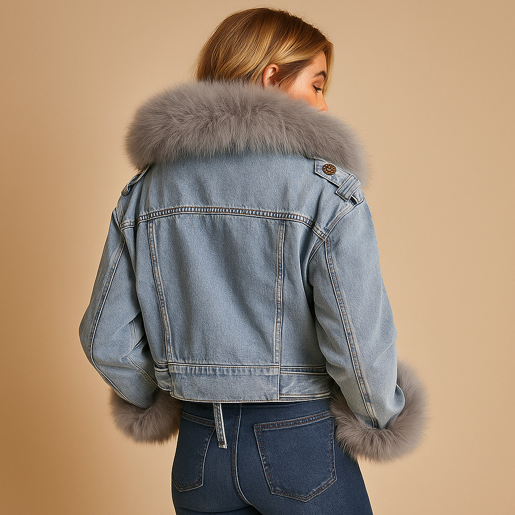 Cropped denim winter jacket for women with soft faux fur lining, perfect for staying warm and stylish in cold weather.