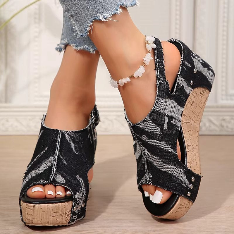 Elevated Cork Wedge Denim Sandals for Women - Luxivelle