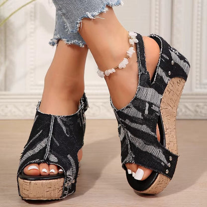 Elevated Cork Wedge Denim Sandals for Women - Luxivelle