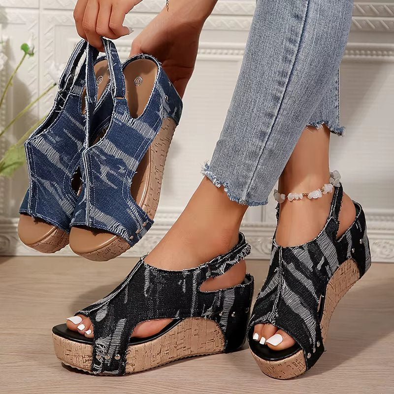 Elevated Cork Wedge Denim Sandals for Women