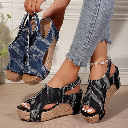 Elevated Cork Wedge Denim Sandals for Women