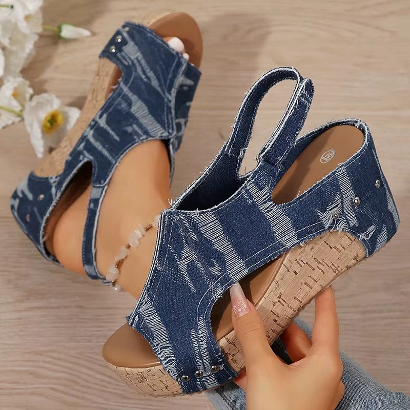 Elevated Cork Wedge Denim Sandals for Women