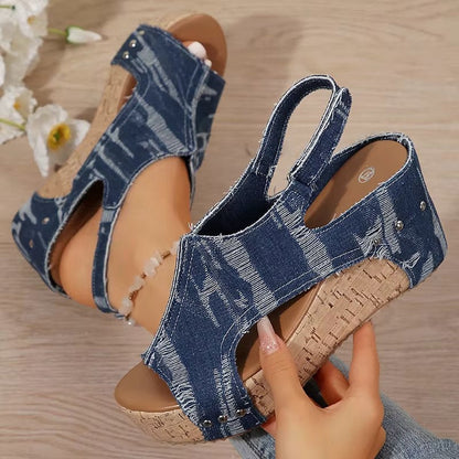 Elevated Cork Wedge Denim Sandals for Women