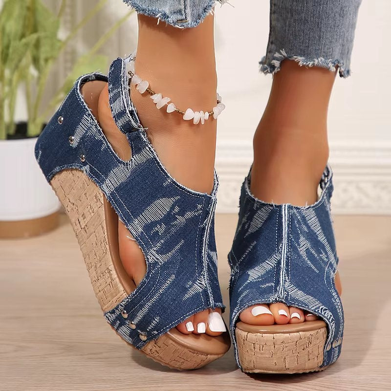 Elevated Cork Wedge Denim Sandals for Women