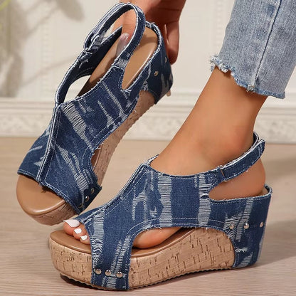 Elevated Cork Wedge Denim Sandals for Women