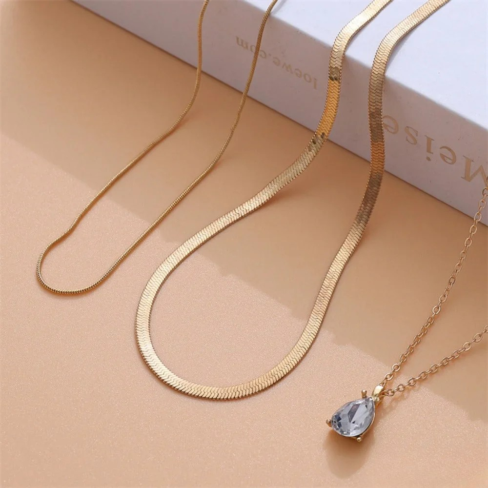 Stacked Gold Tone Crystal Pendant Necklace - Luxivelle