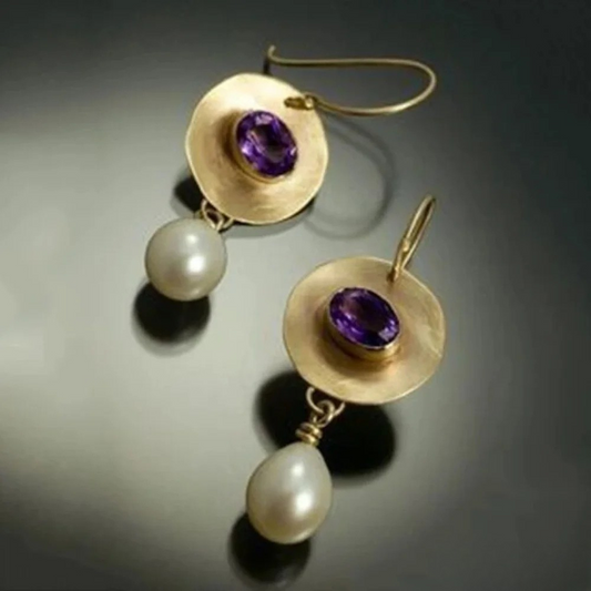 Classic Gold Drop Earrings with Amethyst and Pearls - Luxivelle