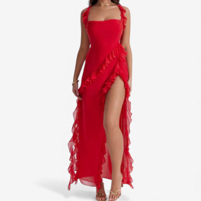 Long Flowy Ruffle Evening Dress