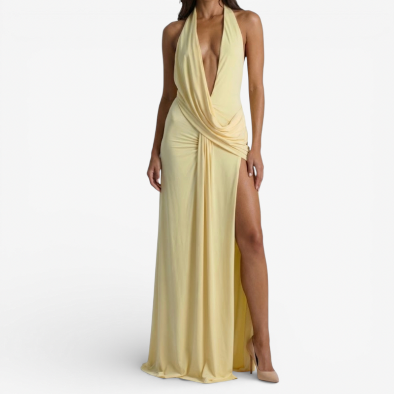 Long Sleeve Evening Gown With High Slit - Luxivelle