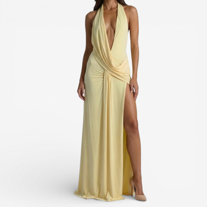 Long Sleeve Evening Gown With High Slit - Luxivelle