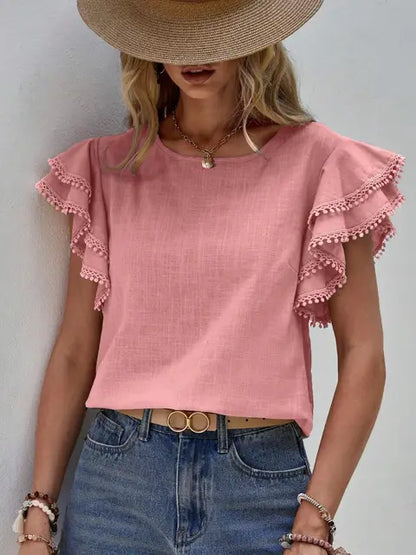 Feminine V-Neck Floral Sleeve Top