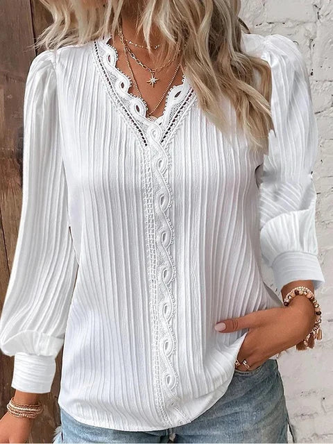 Feminine Crochet V-Neck Blouse - Luxivelle