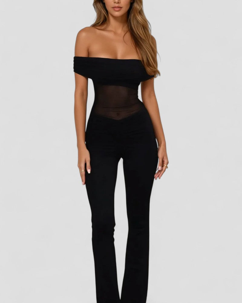 Elegant Off Shoulder Mesh Panel Bodycon Jumpsuit 0