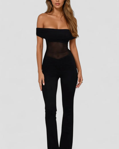 Elegant Off Shoulder Mesh Panel Bodycon Jumpsuit 0