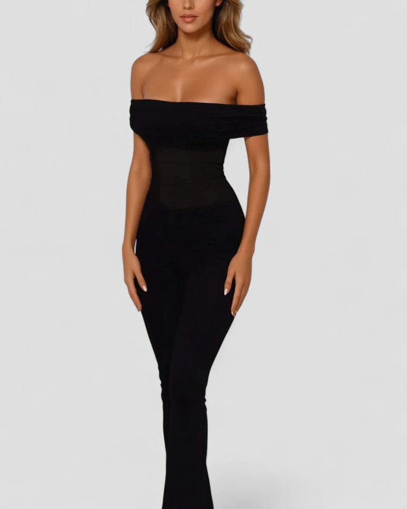 Elegant Off Shoulder Mesh Panel Bodycon Jumpsuit 1