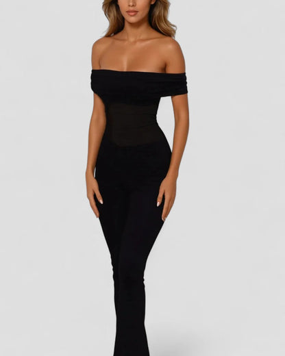 Elegant Off Shoulder Mesh Panel Bodycon Jumpsuit 1