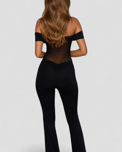 Elegant Off Shoulder Mesh Panel Bodycon Jumpsuit 2