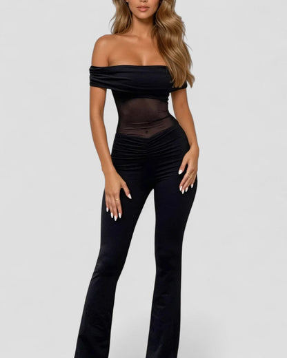 Elegant Off Shoulder Mesh Panel Bodycon Jumpsuit 3