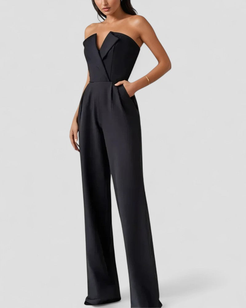 Elegant Strapless V Neck Wide Leg Jumpsuit 0