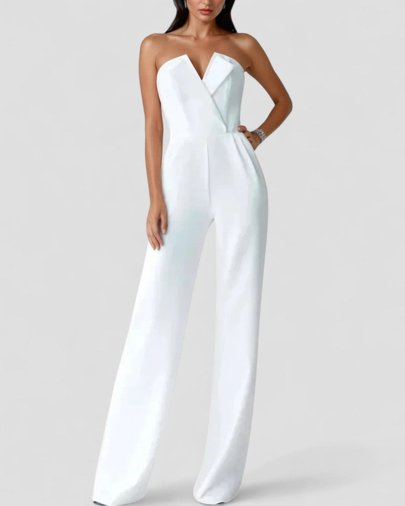 Elegant Strapless V Neck Wide Leg Jumpsuit 2