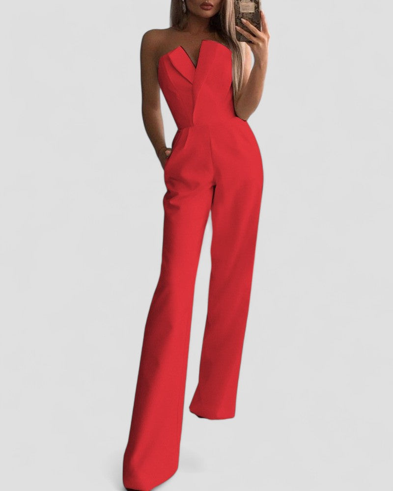 Elegant Strapless V Neck Wide Leg Jumpsuit 4