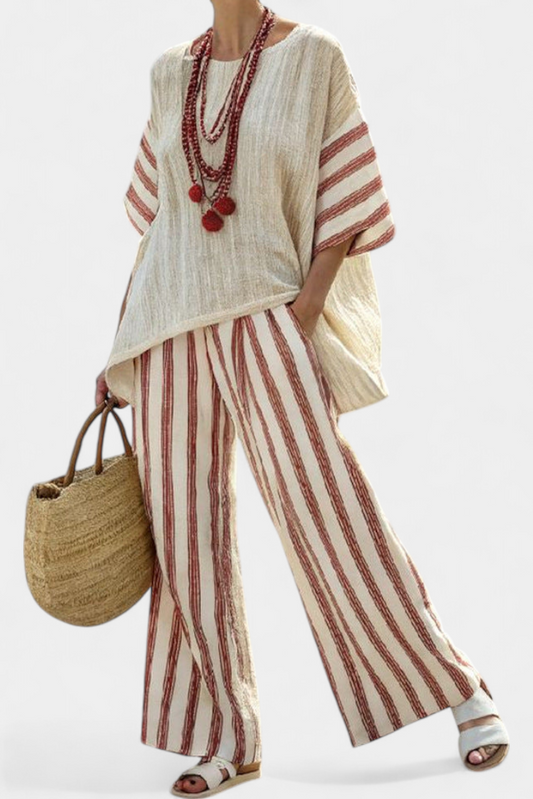 Classic Stripe Blouse and Beige Loose Fit Pants Set - Luxivelle