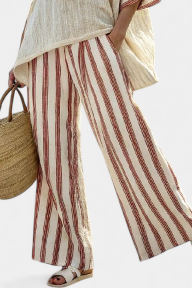 Elegant Striped Top & Cream Wide-Leg Pants Set | Women's Outfit 2