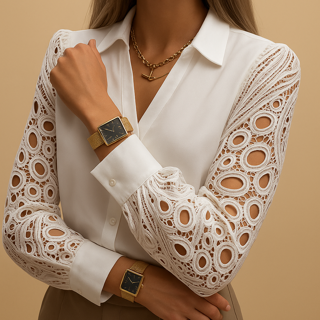 Woman wearing a lace-sleeved blouse with collar and button closure, ideal for formal events or office wear
