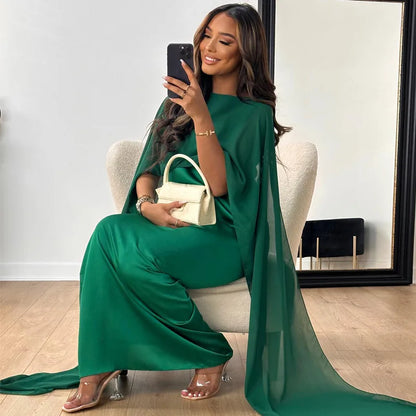 Flowy Satin Feel Maxi Cape Dress