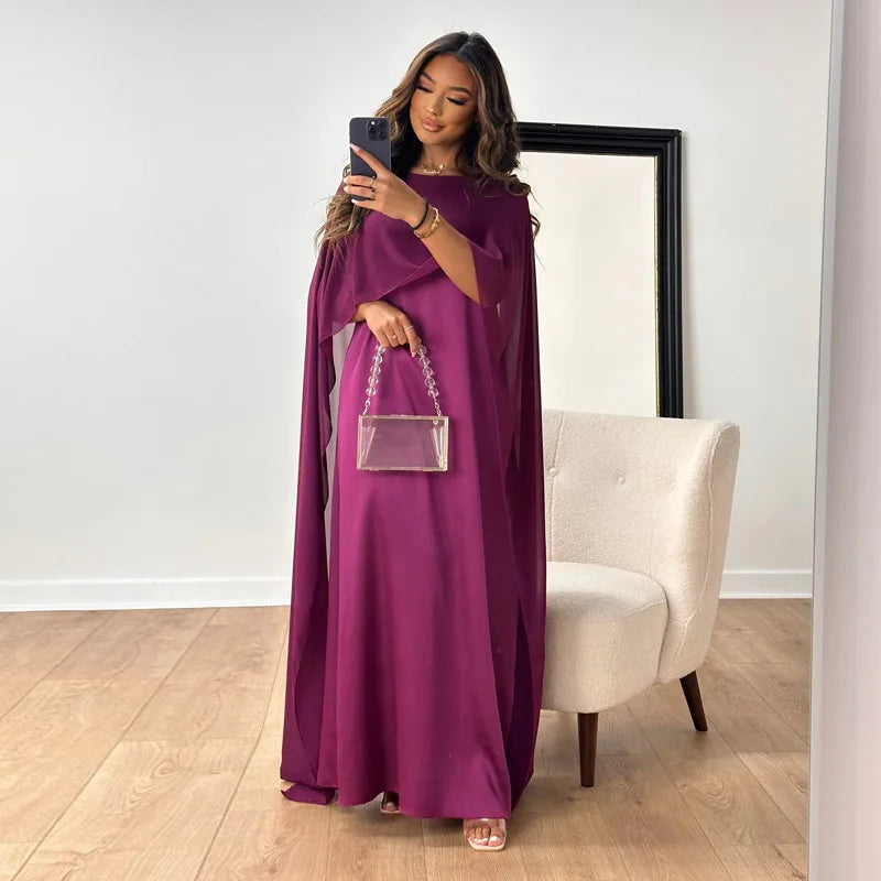 Flowy Satin Feel Maxi Cape Dress