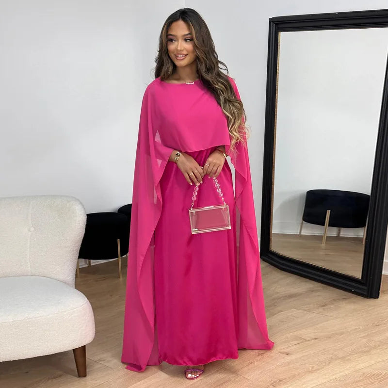 Flowy Satin Feel Maxi Cape Dress
