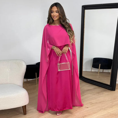 Flowy Satin Feel Maxi Cape Dress
