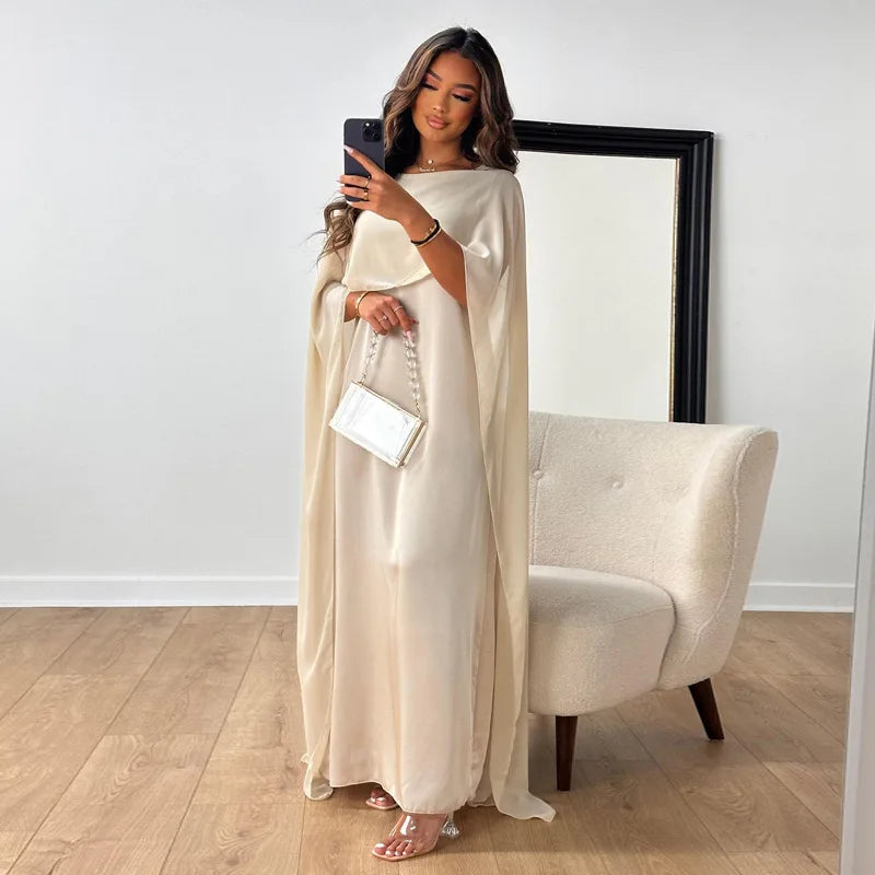 Flowy Satin Feel Maxi Cape Dress
