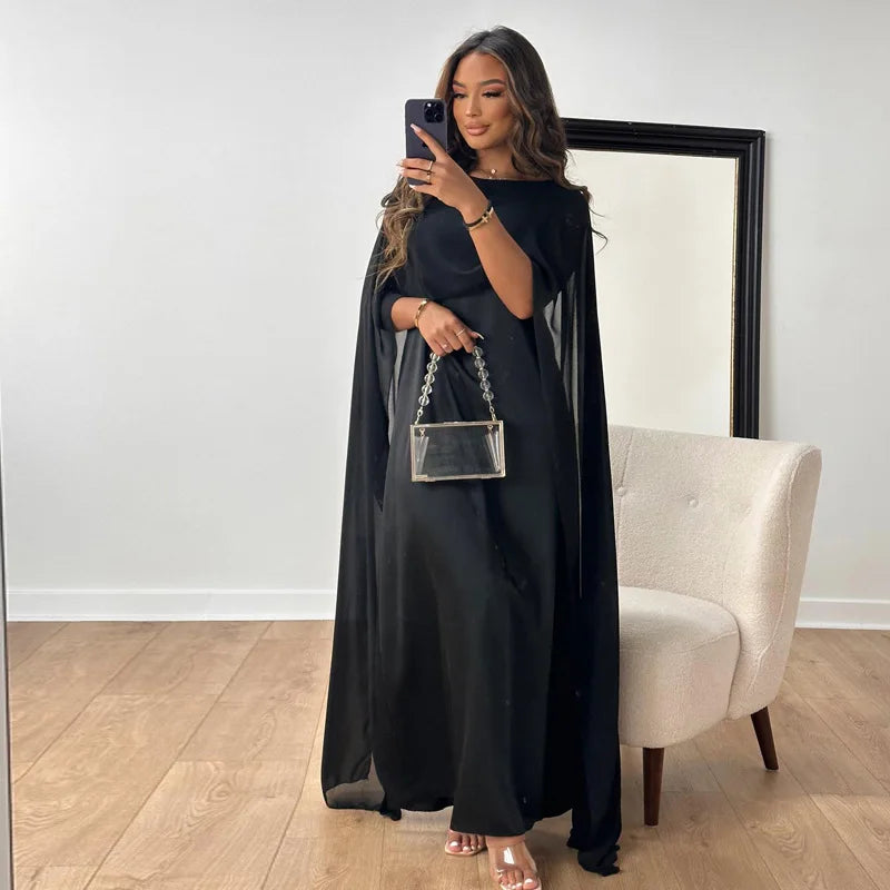 Flowy Satin Feel Maxi Cape Dress