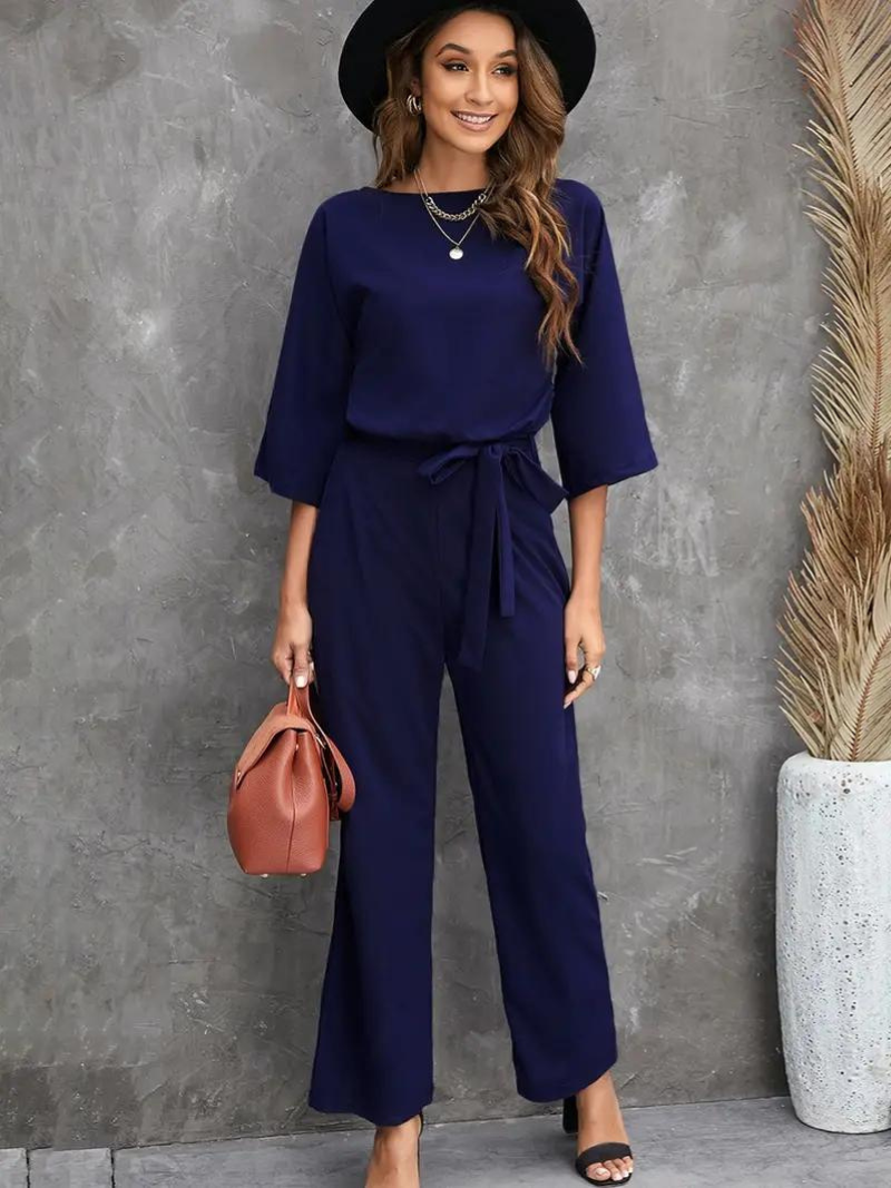 Ladies' Short Sleeve Jumpsuit with Waist Belt