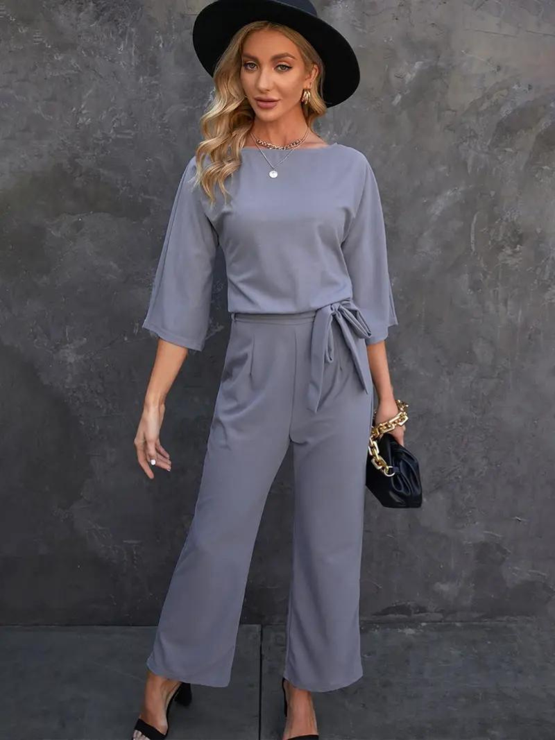 Ladies' Short Sleeve Jumpsuit with Waist Belt