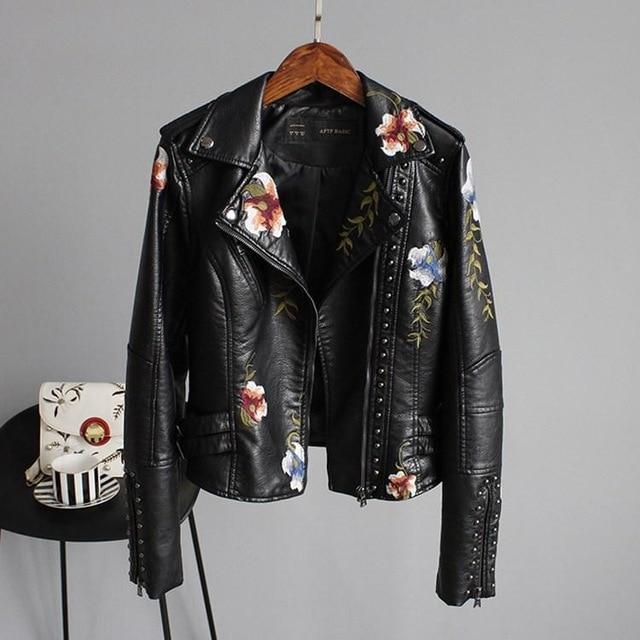 Embroidered Biker Leather Jacket - Luxivelle