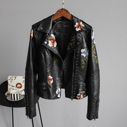 Embroidered Biker Leather Jacket - Luxivelle