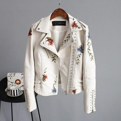 Embroidered Biker Leather Jacket