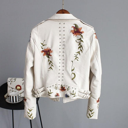 Embroidered Biker Leather Jacket