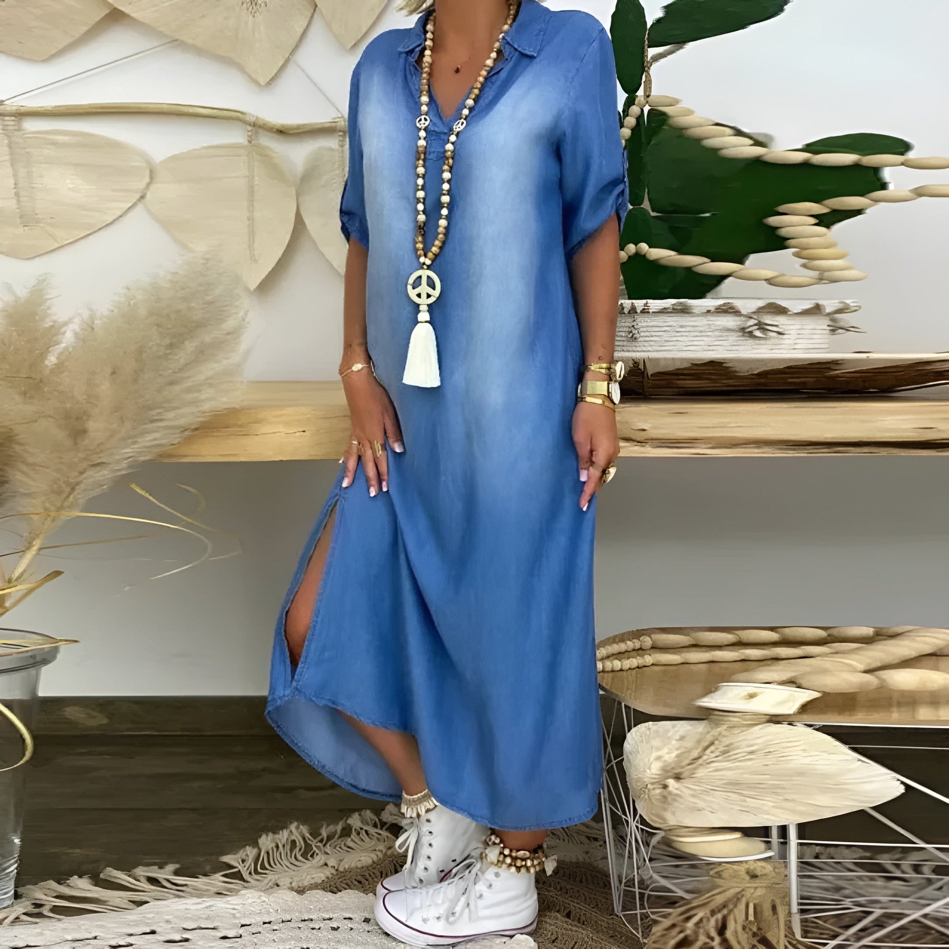 Classic Blue Jeans V-Neck Dress - Luxivelle