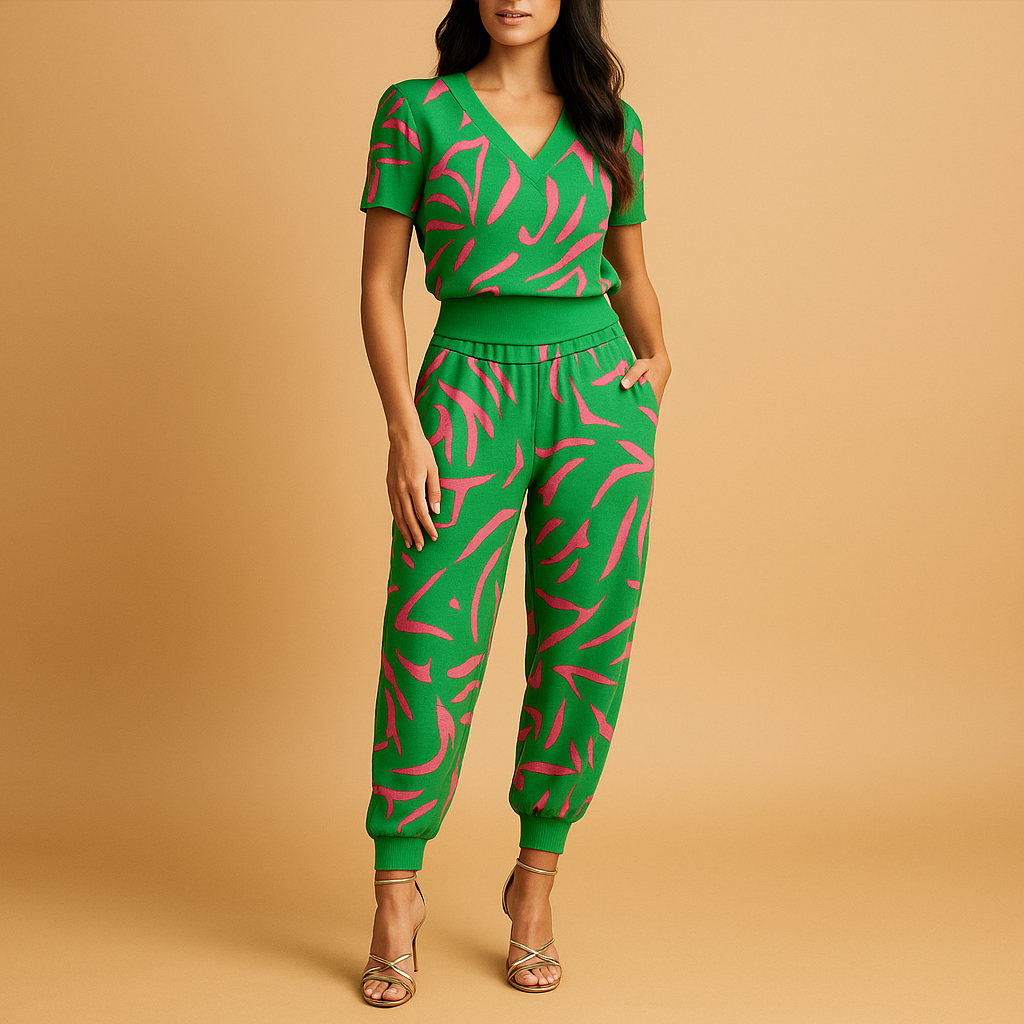 Women’s outfit with floral print top and matching pants in white with colorful flowers, perfect for casual wear and informal occasions