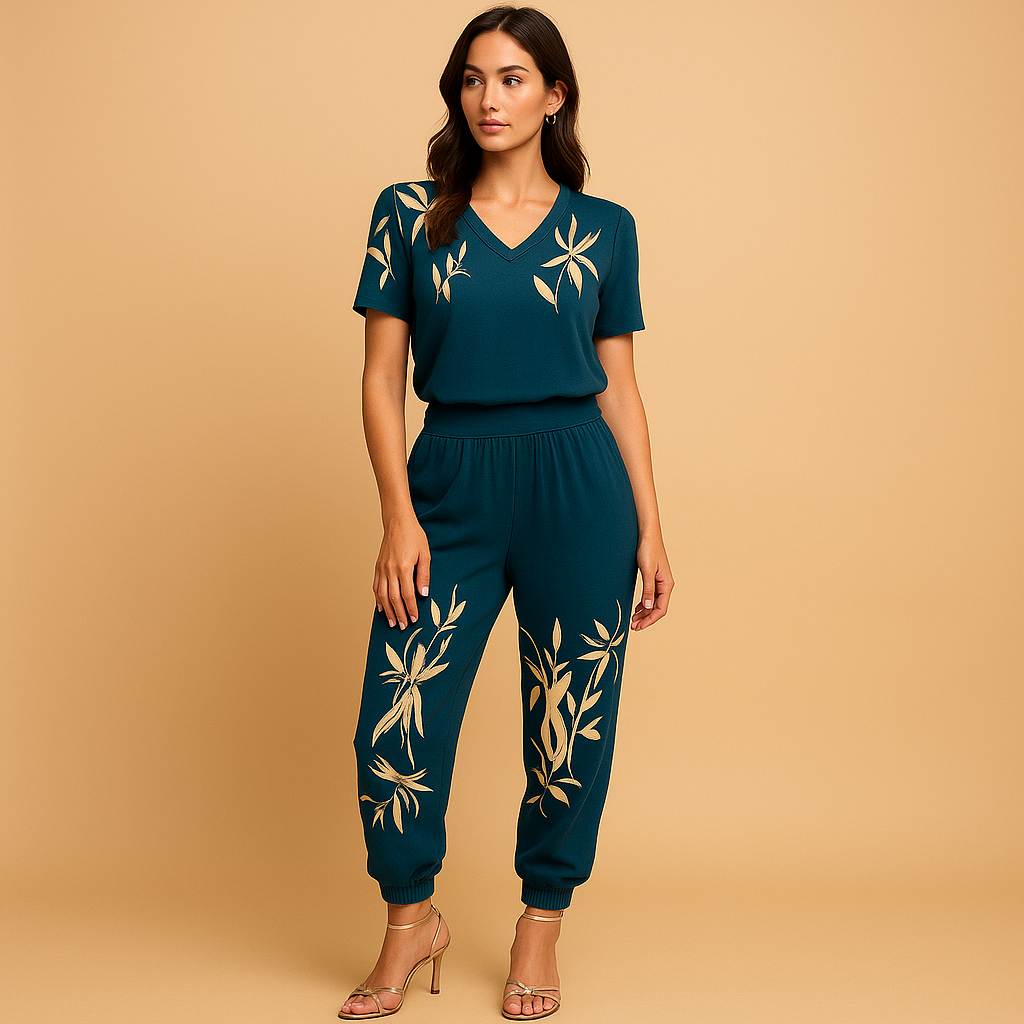 Women’s outfit with floral print top and matching pants in white with colorful flowers, perfect for casual wear and informal occasions