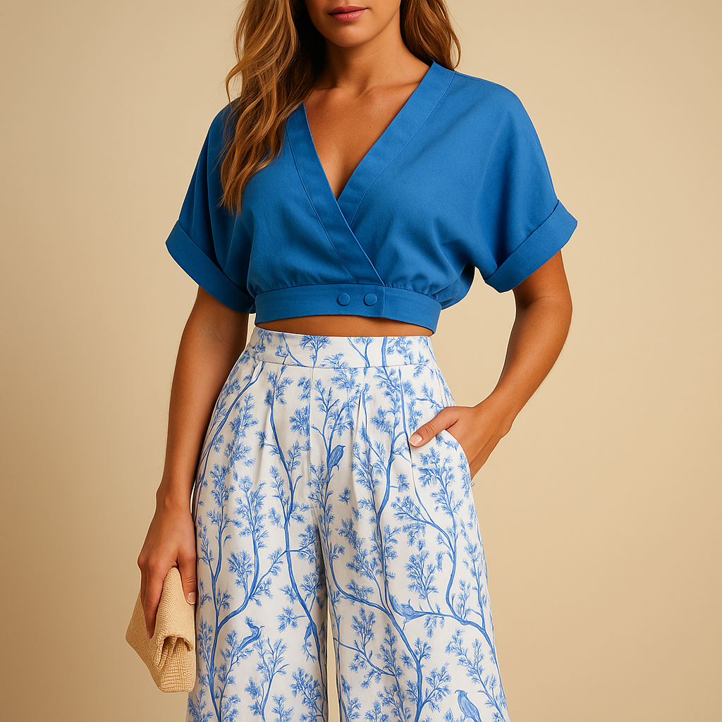 Women’s summer set with floral print top and wide-leg trousers in white, black, blue, and multicolour, ideal for beach, city, or festivals