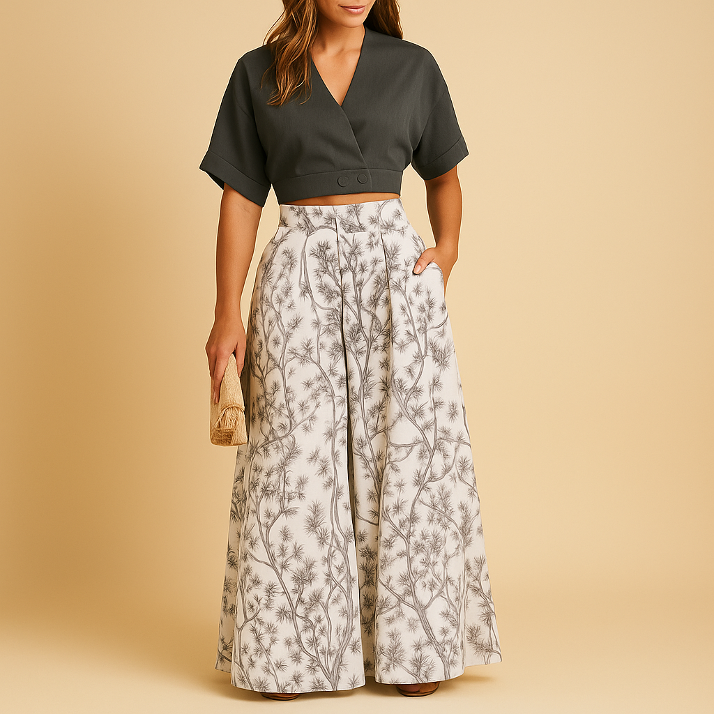 Women’s summer set with floral print top and wide-leg trousers in white, black, blue, and multicolour, ideal for beach, city, or festivals