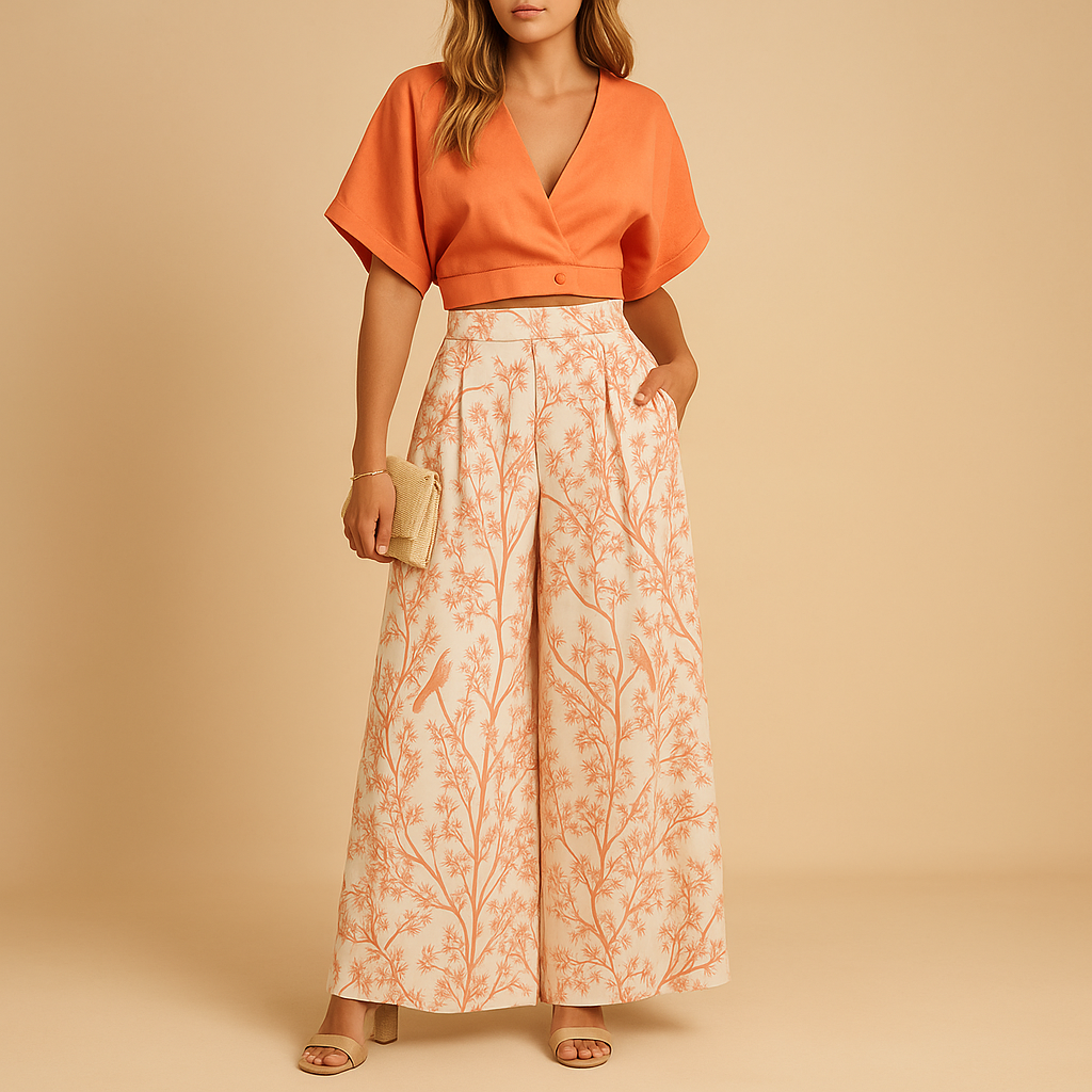 Women’s summer set with floral print top and wide-leg trousers in white, black, blue, and multicolour, ideal for beach, city, or festivals
