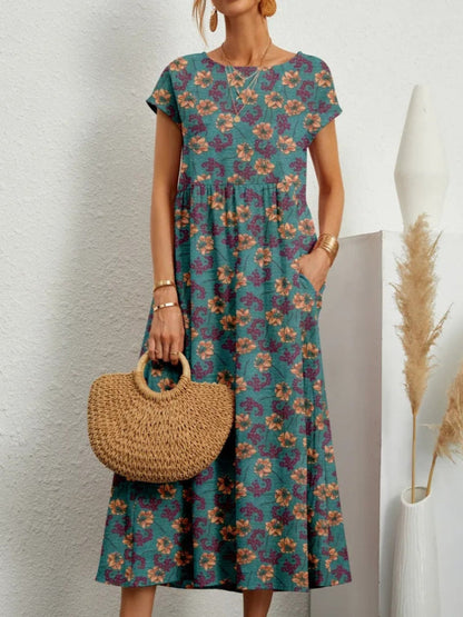 Floral Design Summer Dress  | A-line Silhouette | Blue Green