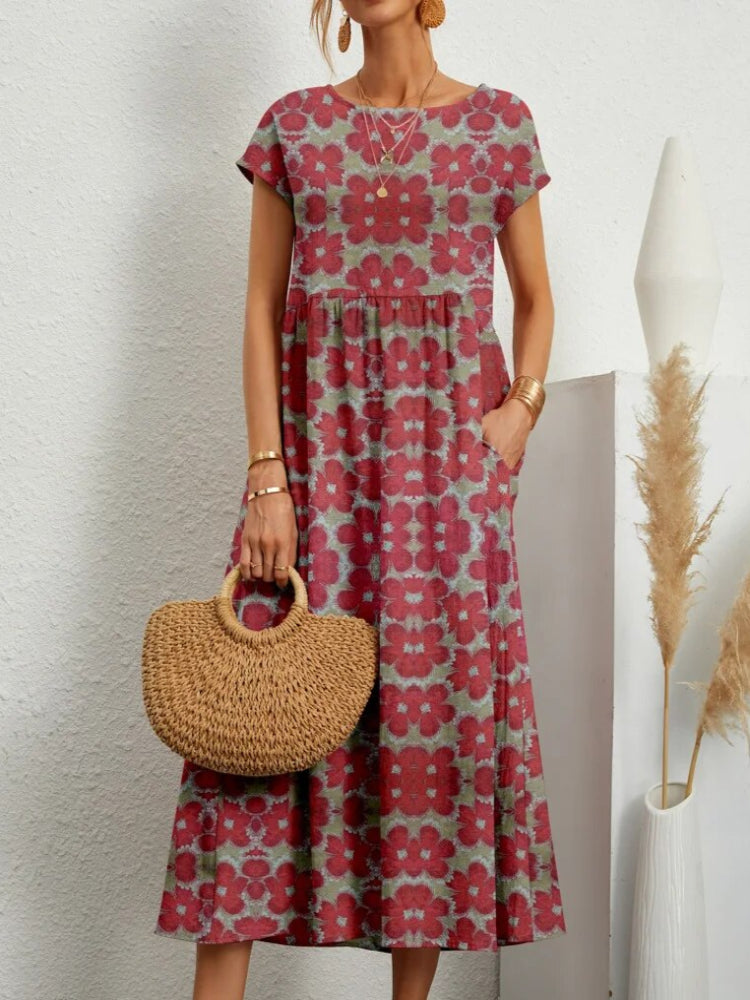 Floral Design Summer Dress  | A-line Silhouette | Red